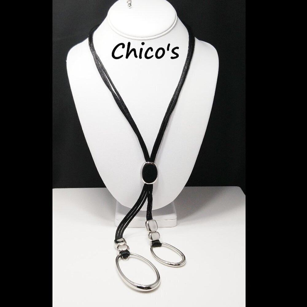 Chico's Black Cord Reflective Silver Loop Lariat Necklace, 20 Inches, Satin Cord